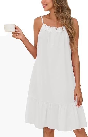 SWOMOG 100% Cotton Nightgowns for Women Lace Sleeveless Sleep Dress Victorian Sleepshirt Button Strap Night Gown