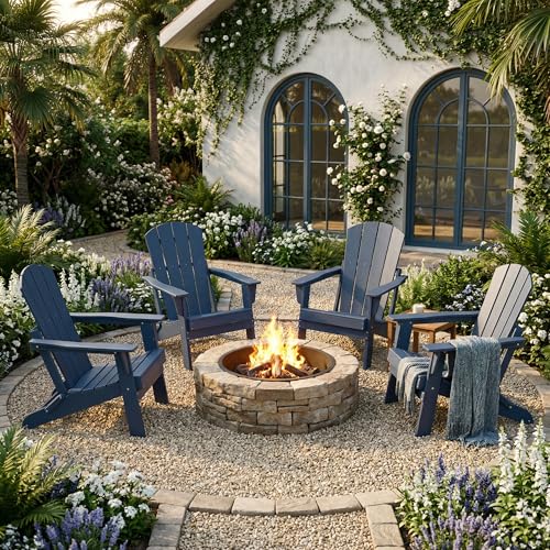 Image of Folding Adirondack Chair Set of 2, Lightweight - Portable HDPE Patio Chair, All-Weather Space-Saving Foldable Fire Pit Seating for Camping, Backyard, Deck-Navy Blue