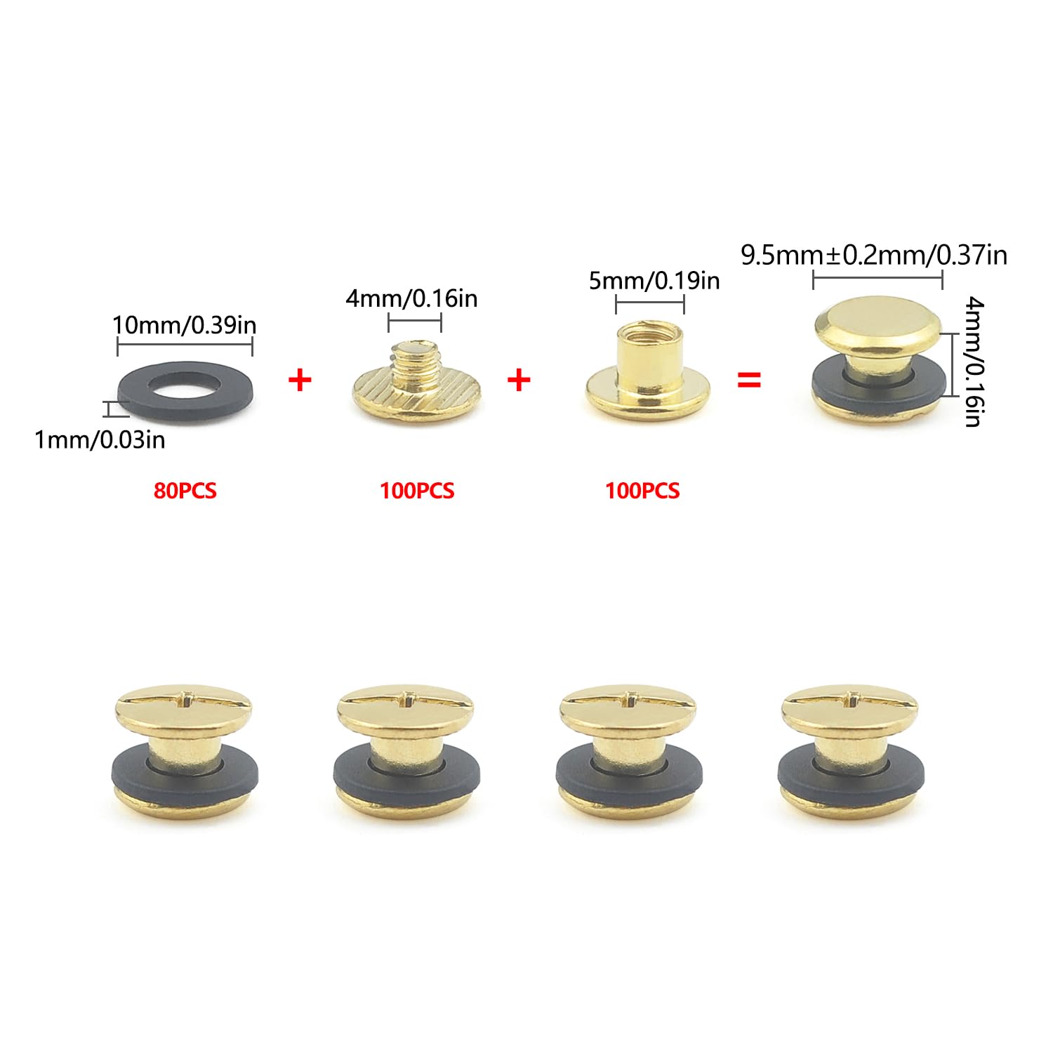 JINTANG 100 Sets M5x4mm Chicago Screws Leather Rivets for Fabric Chicago Binding Screws Buttons Metal Studs Rivets for Decorate and Repair Belts Bags Shoes Purse Dog Collar Leather Craft(Golden) - Image 2