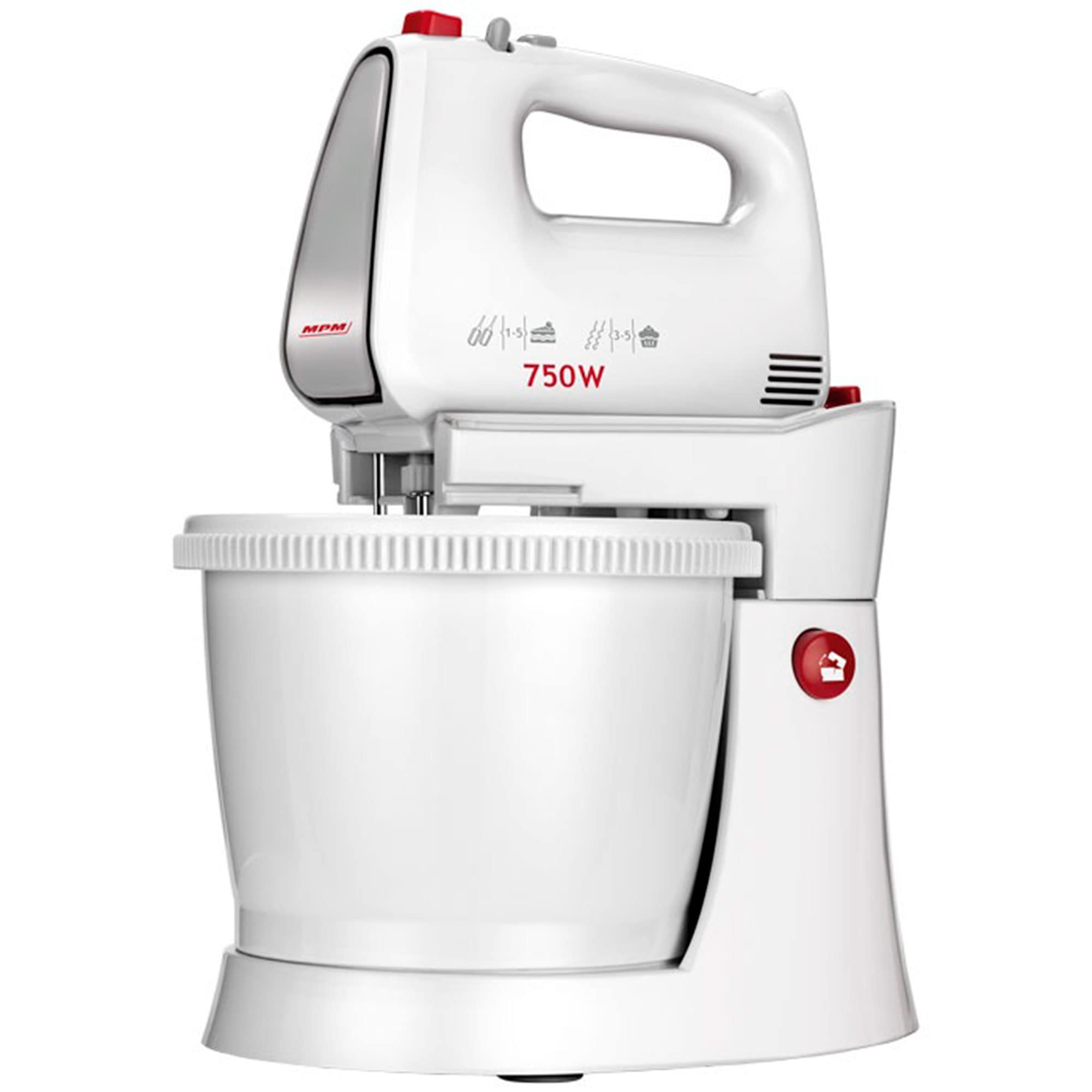 MPM MMR-22Z Mélangeur à Pâtisserie avec 2 Bols Rotatives 3L, sans BPA, Robot Pâtissier Boulangerie Cuisine, 5 Vitesses + Turbo, Tiges et Crochet Pétrisseur en Acier Inoxydable, Blanc, 750W