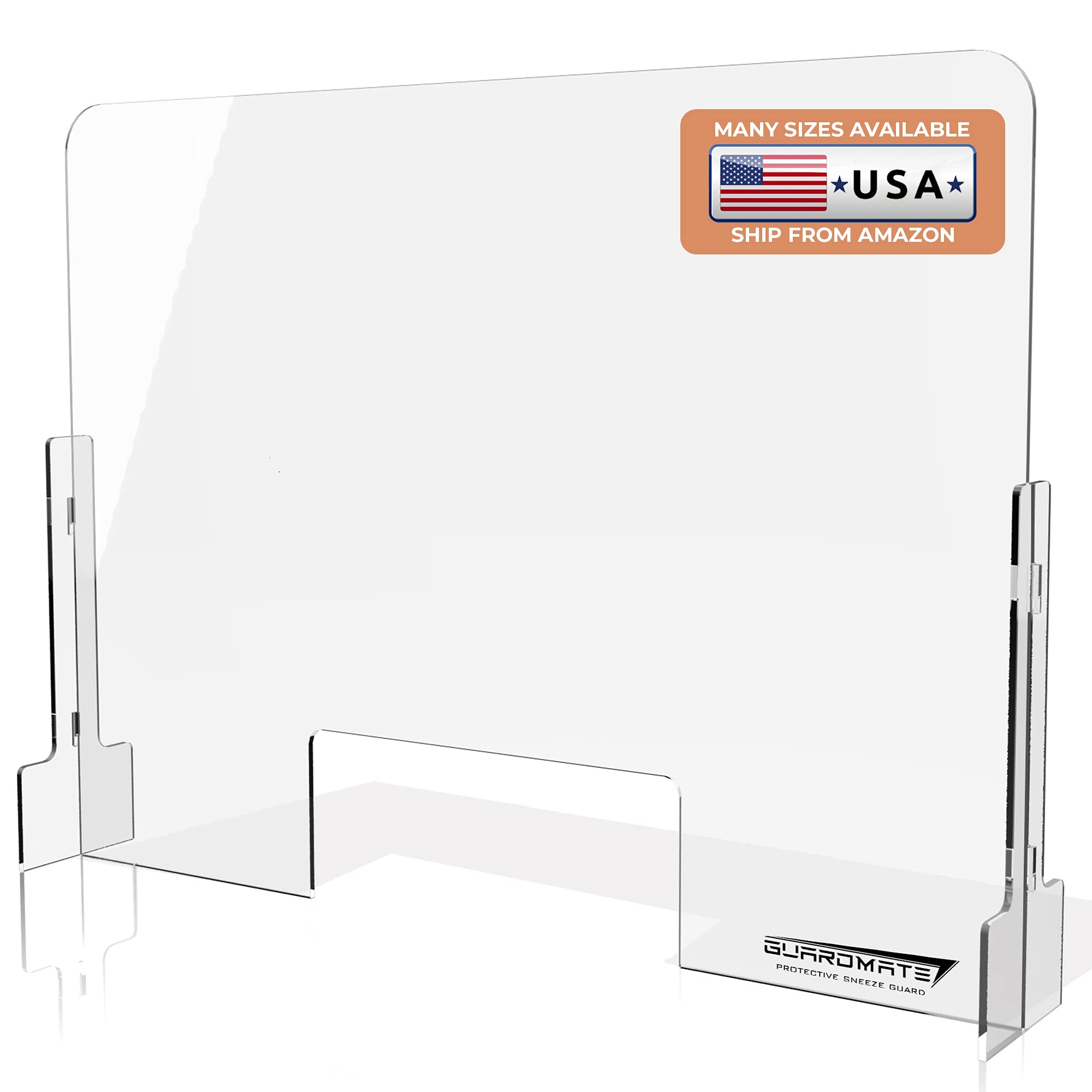 GUARDMATE | Premium Plexiglass Shield Commercial Grade Sneeze Guard | DUAL-LOCK Design 48"W x 24"H Acrylic Divider Protection Portable Plastic Barrier Shield Reception Desk Cashier Checkout Counter