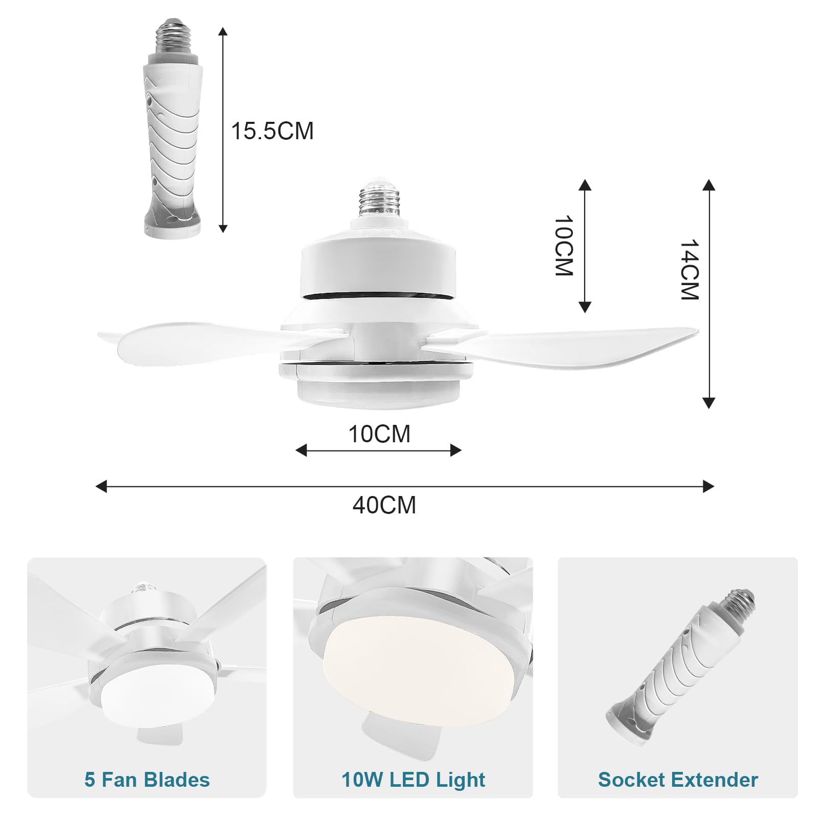 Ventilador de Casquillo con Luz LED 40 cm, Ventilador de Techo con Base E27, 6 Palas, Motor DC 6 Velocidades Regulable, 6000K (blanco)