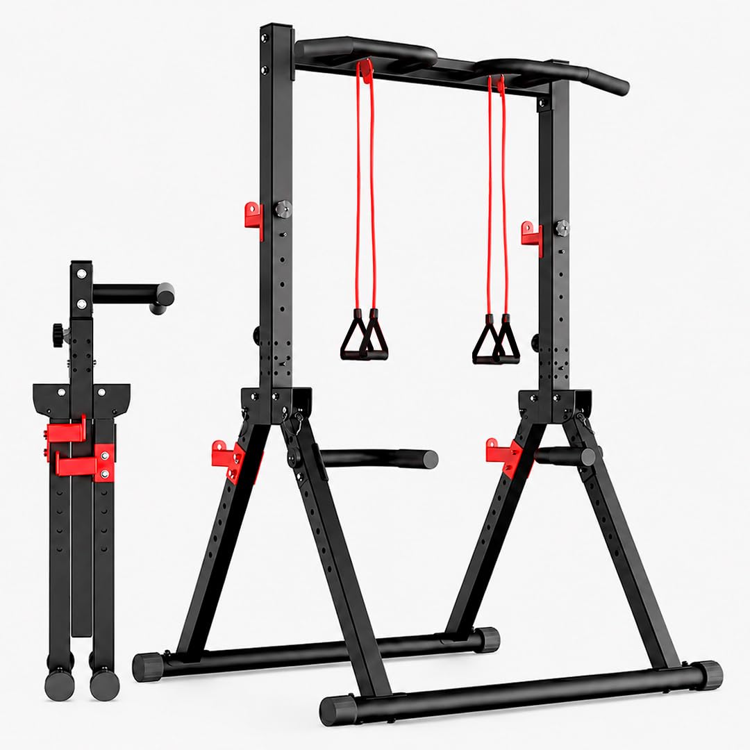Maniboom Estación de Dominadas Plegable (200kg) - Rack Dominadas y Soporte para Barras Ajustable (175-225cm) - Pull Up Station Multifunción con Agarres para Fondos y Cuerdas TRX