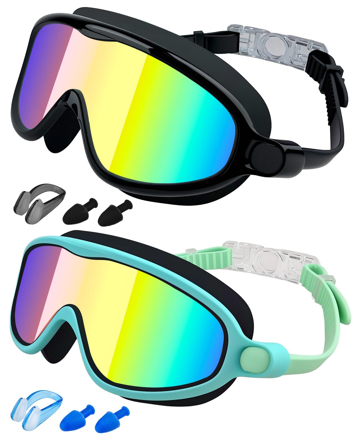 Rantizon Kids Swimming Goggles 2 Pack, Anti Fog&UV Kids Goggles for Boys Girls, No Leak Wide View Swim Goggles for Child 3-14