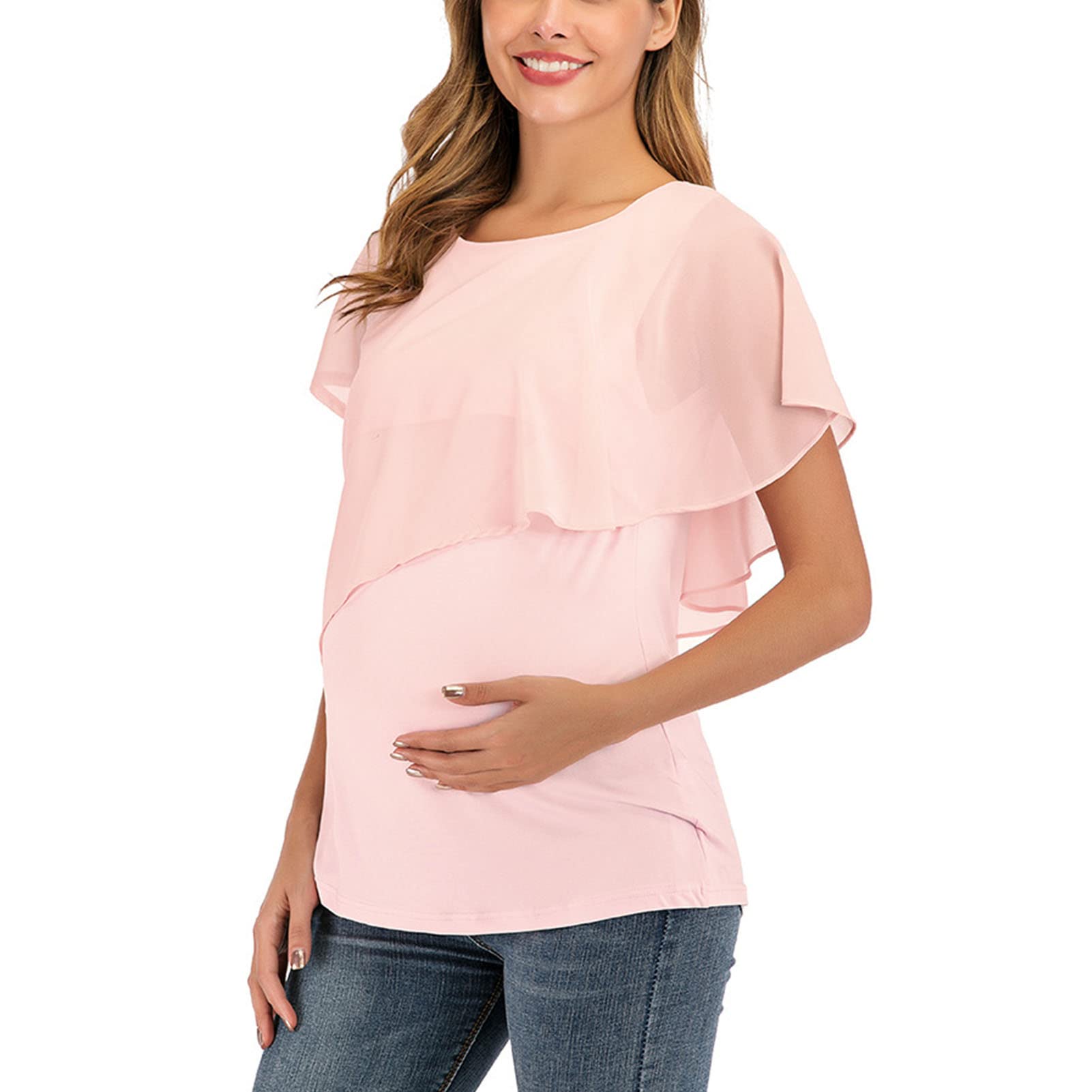 Maternity Nursing Top, Color Round Neck Women Maternity Nursing Top Asymmetrical Sleeve for Summer (L)
