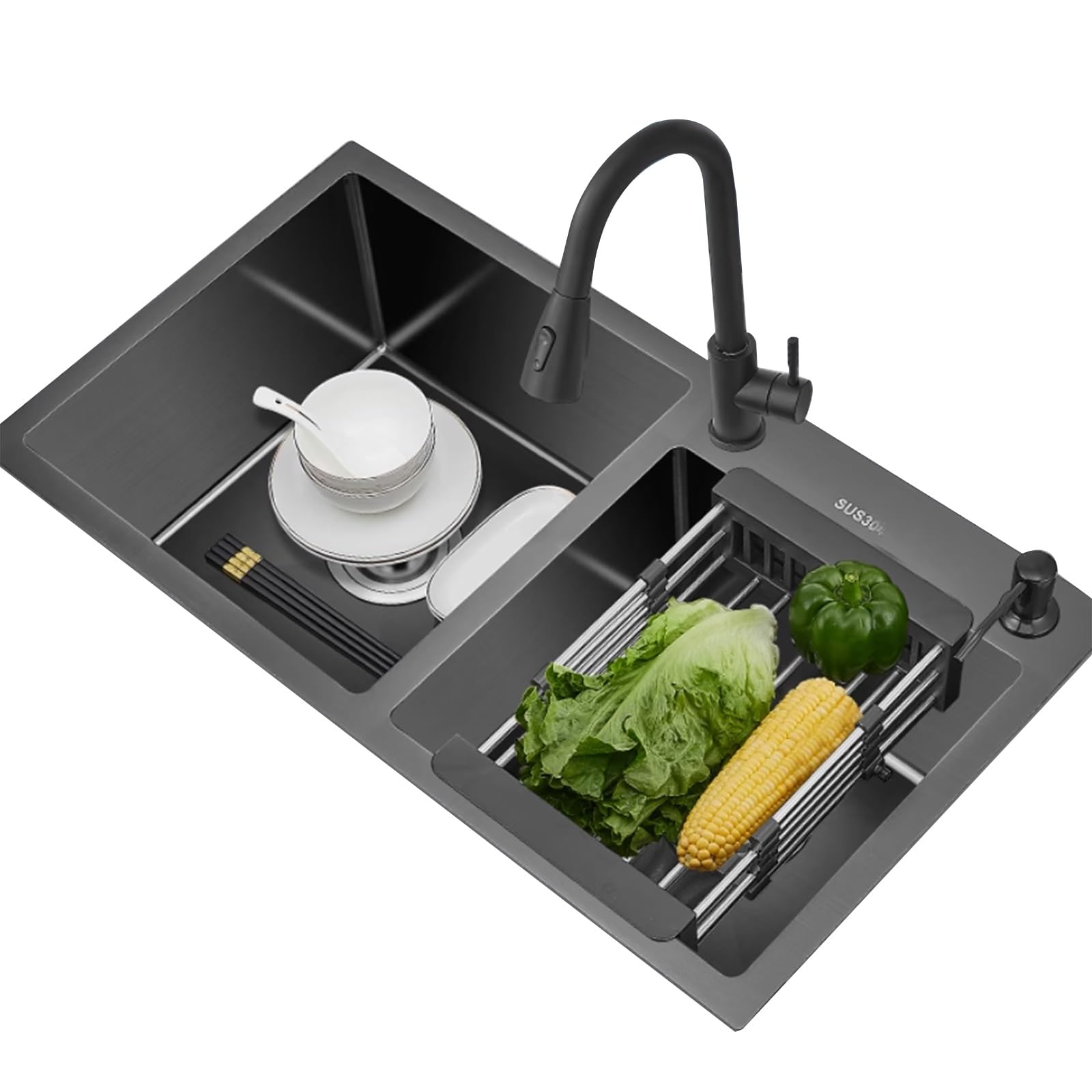 WIQUYBML Restaurant Hotel Kitchen Apartment Stainless Steel Sink with Faucet Siphon Tube Suitable for Washing Dishes Vegetables Double Bowl Sink(80x45x21cm)