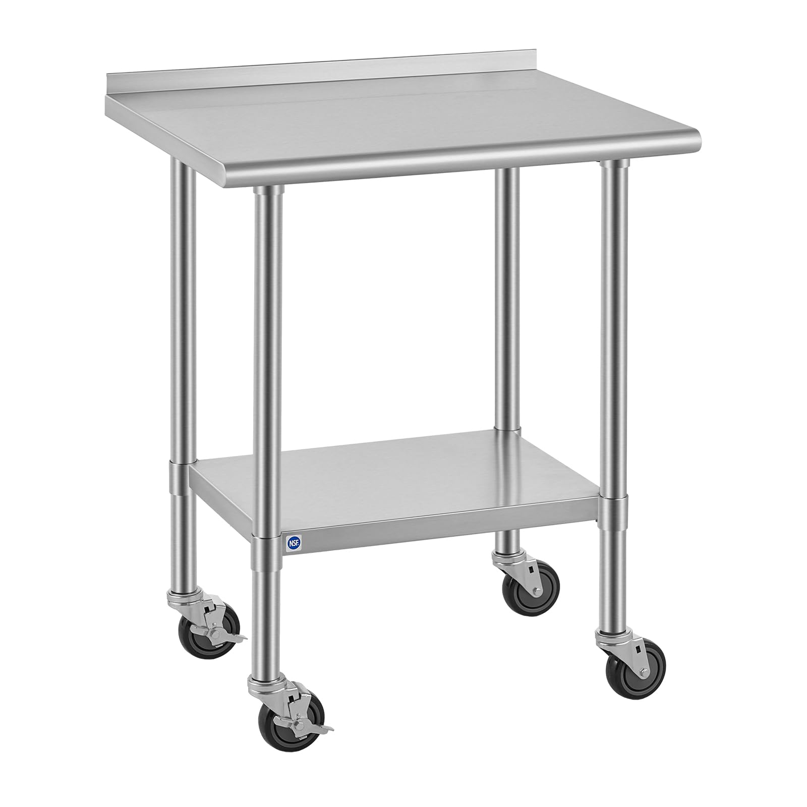 ROCKPOINT All Stainless Steel Prep Table with Caster &amp; Backsplash 24x30 Inch，Commercial Heavy Duty Workbench with Stainless Legs &amp; Adjustable Undershelf,710 lb Capacity for Outdoor Kitchens with Wheel