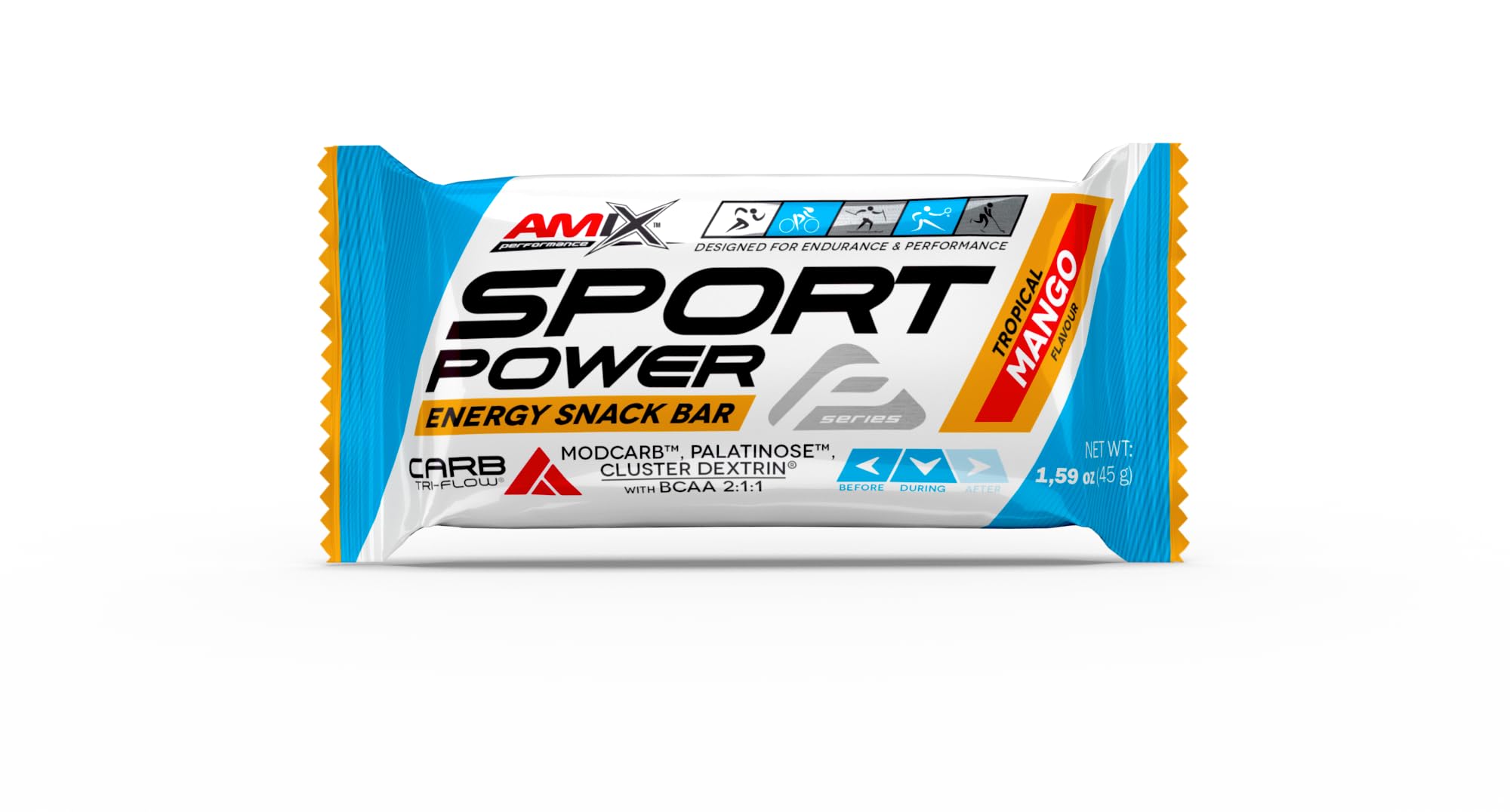 Amix - Pack de 20 Barritas Energética Sport Power de 45 g - Contiene Hidratos de Carbono - Ayuda al Rendimiento Físico - Fuente de Minerales y Vitaminas - Sabor Mango