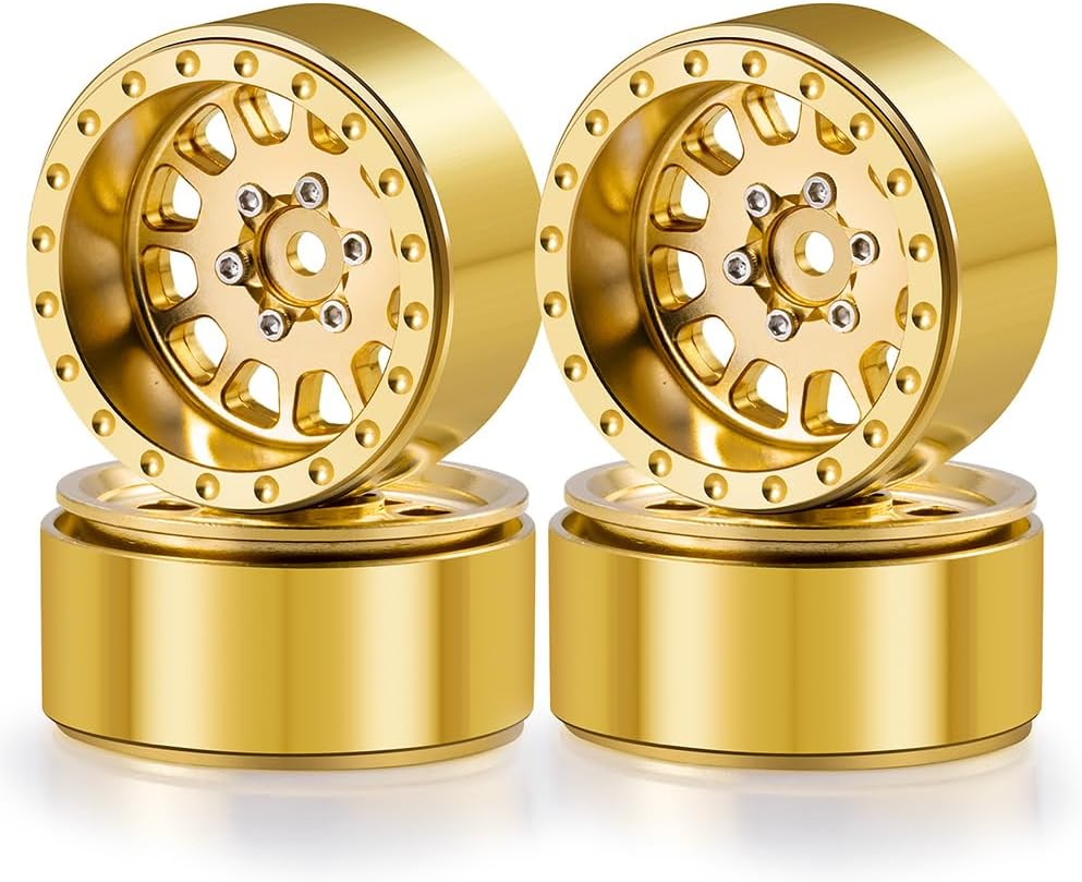 MORLORDY 1.3" Brass Beadlock Wheel Rims - 228g/4Pcs RC Wheel Rims for 1/24 1/18 RC Crawler Like SCX24 Gladiator Bronco C10 JLU Deadbolt TRX4M Bronco Defender (Gold)