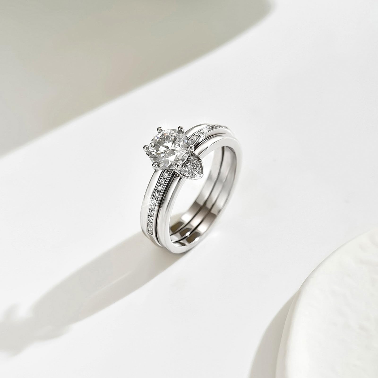 Set di anelli in oro bianco 9 carati, da donna, con moissanite, gioielli in vero oro, Au375, misura 54 (17,2)