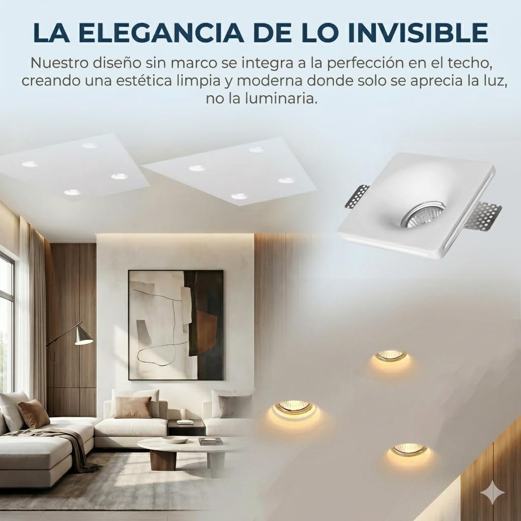 BARCELONA LED Downlight Empotrable Cuadrado de Escayola GU10 Trimless Ø120mm Blanco | Aro LED Techo Integrado Pintable | Diseño Moderno y Lujo Minimalista | Foco Empotrado para Pladur | Escayola pintable, diseño sin bordes, 120x120mm, interior IP20