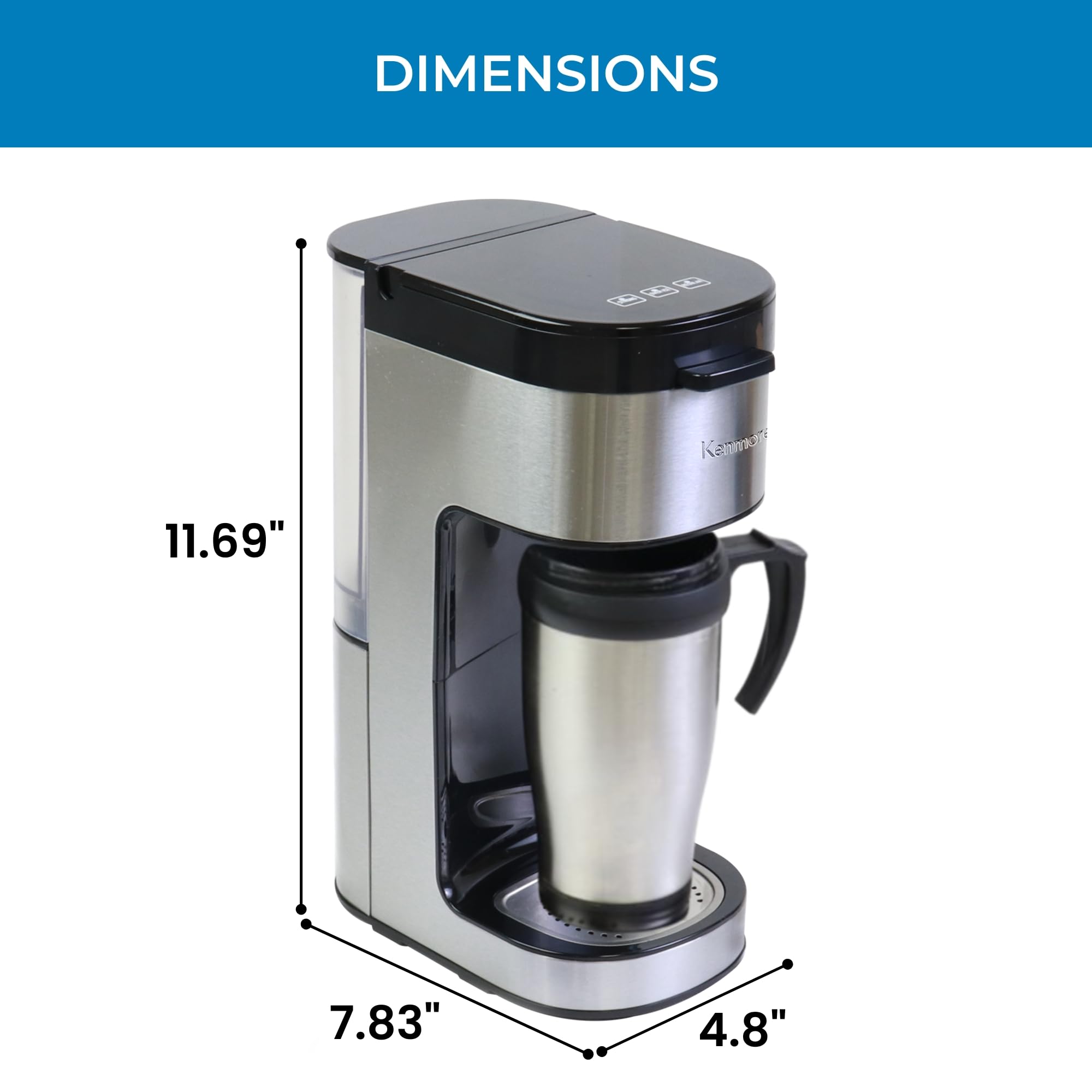 Koolatron Kenmore - Cafetera de una sola porción y taza de viaje de acero inoxidable, cápsula/cápsula y café molido, compatible con K Cup, máquina de café caliente y helado, tamaños de preparación de