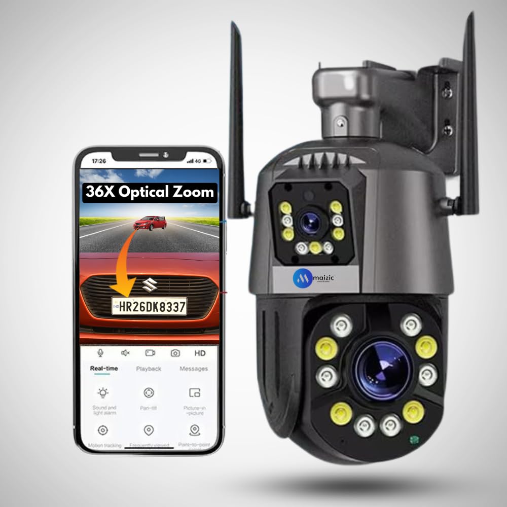 Maizic Smarthome Dual Lens/Dual Screen View, 4mp+4mp 36X Optical Zoom PTZ WiFi Wireless Outdoor CCTV Camera, Day View 180 Meter/Night: 100 Meter, Color Night Vision, 2 Way Audio, Supports Upto 128 GB (B0DGY51LBX) Amazon Price History, Amazon Price Tracker