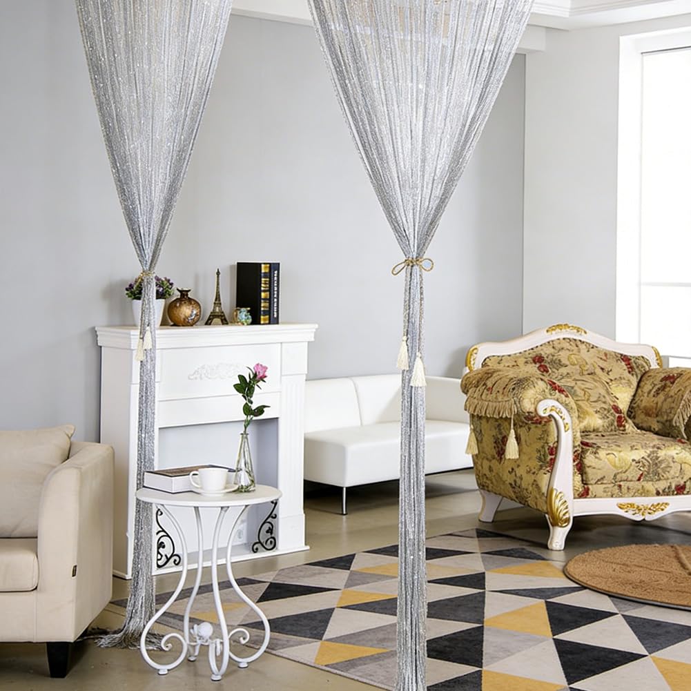 4 tende a fili per porta, con glitter, 100 x 200 cm, per porta a fili, per balcone, camera con frange, adatta per matrimoni, caffè (grigio argento)