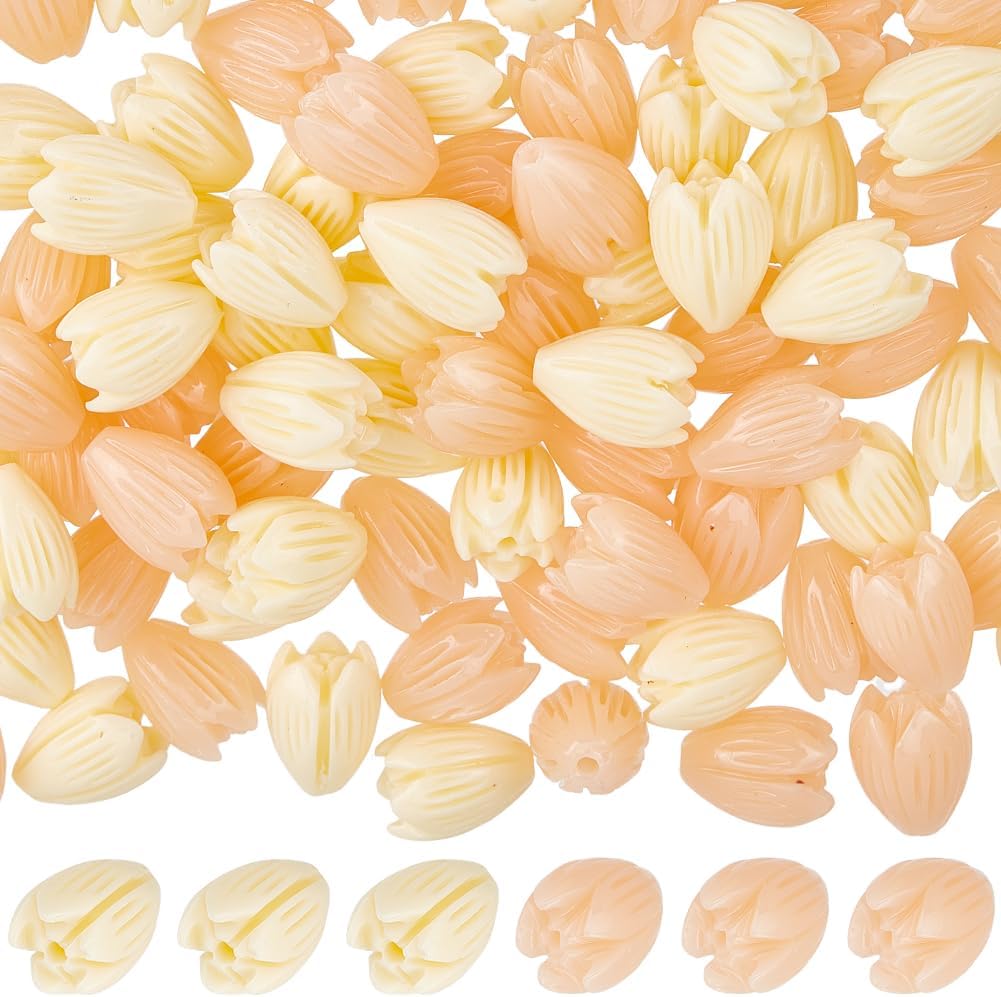 1 Box 100pcs Flower Shape Beads Light Pink Flower Beads Artificial Synthetic Coral Peach Color and Creamy White Spring Flowers Loose Spacer Jasmine Bead for Jewelry Making Necklace Bracelet