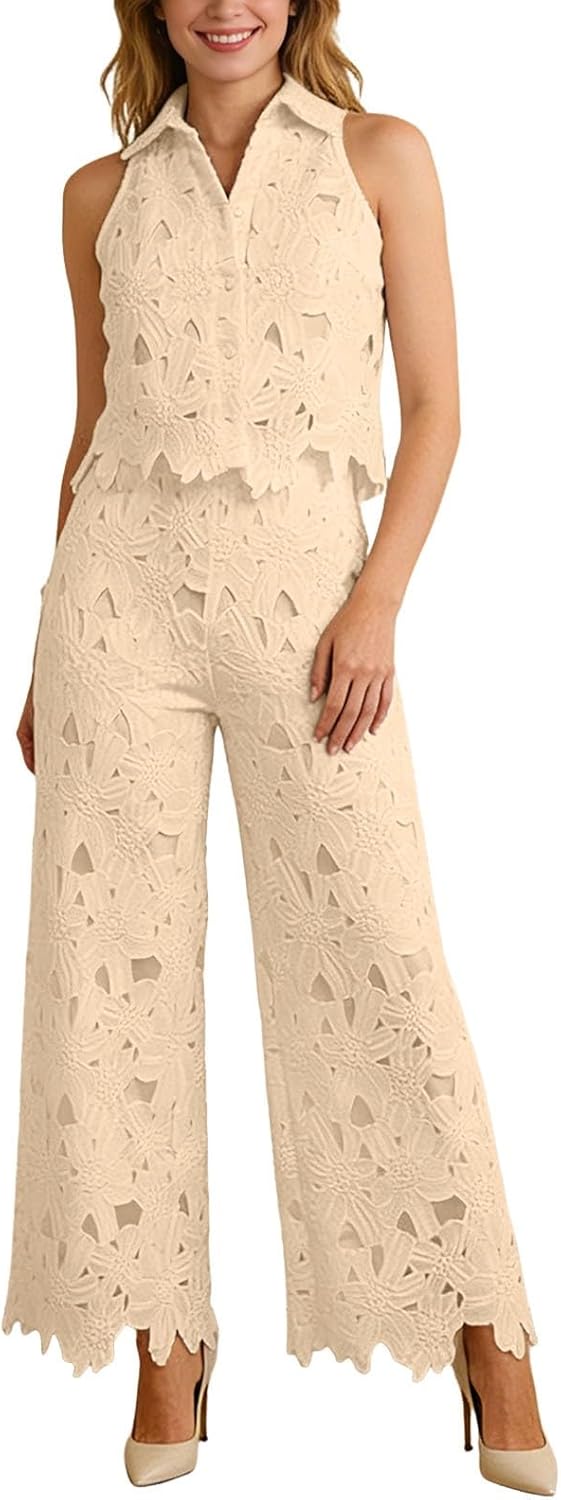 2 Piece Outfits For Women Lapel Hollow Out Lace Vest Pants Set Floral Sleeveless Cropped Vest And Wide Leg Pants