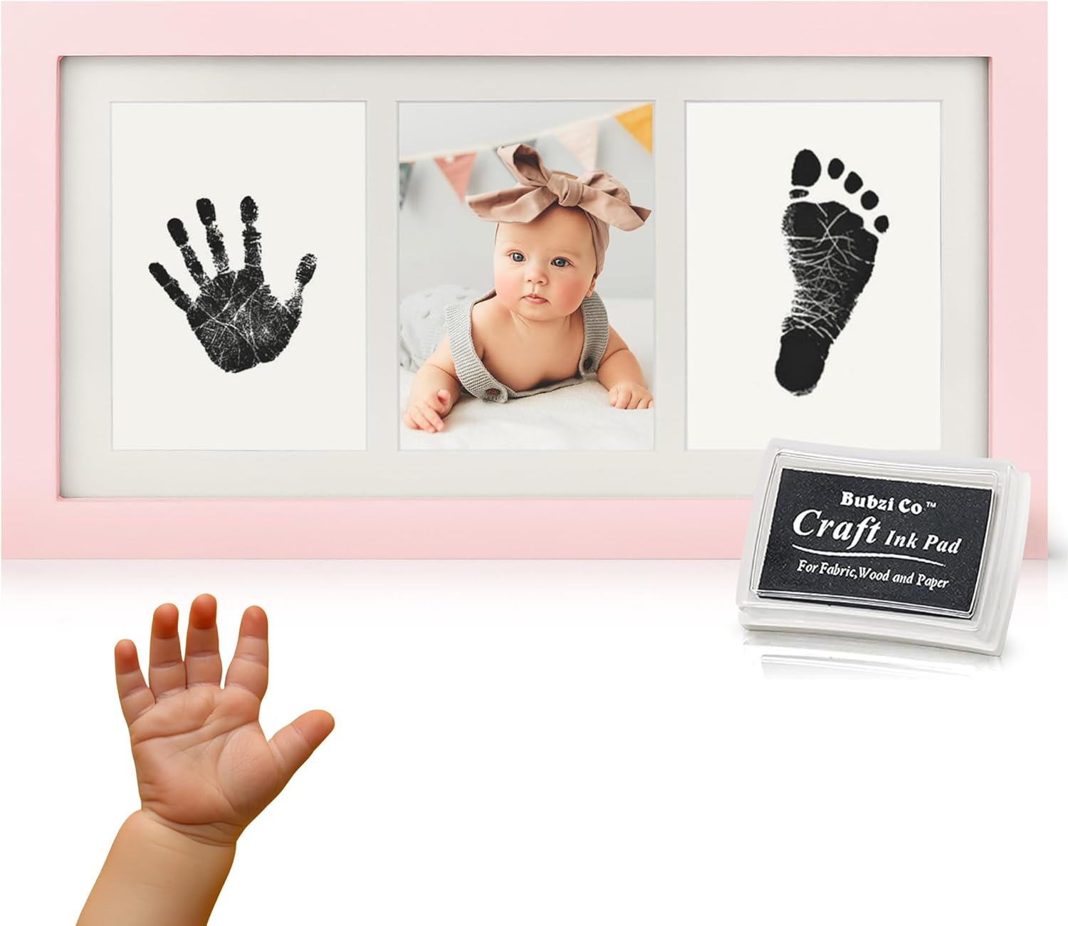 Bubzi Co Baby Handprint Kit & Footprint Photo Frame for Newborn Girls and Boys, Unique Baby Shower Gifts Set for Registry, Memorable Keepsake Decorations for Room Wall or Nursery Decor (Ballet Pink)