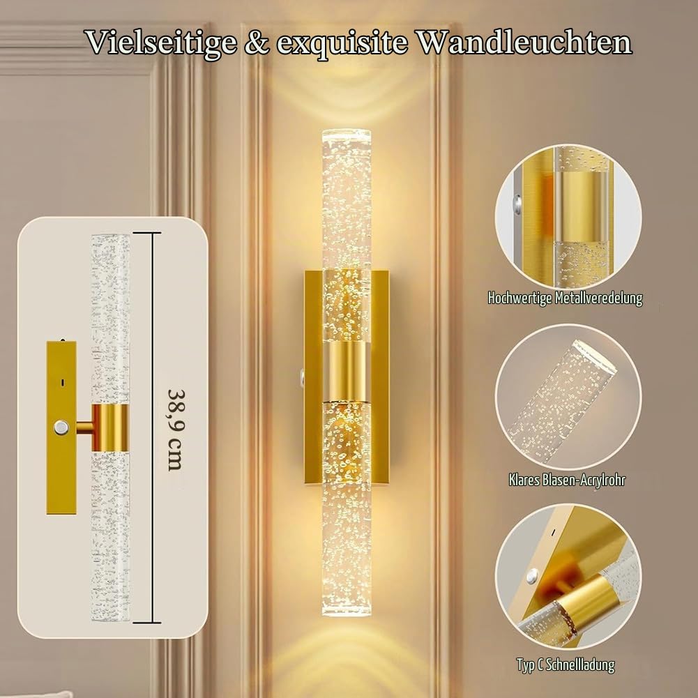 2 Stück LED Akku Gold Wandleuchte Kabellose Kristall Wandlampe mit Schalter und Fernsteuerung Dimmbar Ohne Stromanschluss Wandbeleuchtung Gold Innen Nachttischlampe Up und Down Beleuchtung