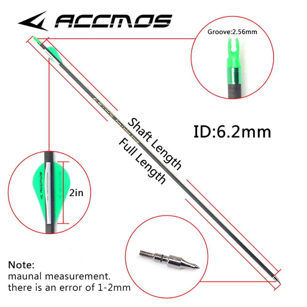 ACCMOS 24pcs Diamètre Intérieur 6.2mm .244" 22-31 Pouces Flèches Spine 300 350 400 500 600 700 800 Adulte Jeunesse Flèche Carbone avec Encoche Rotative pour Arc à Poulies et Arc Recurve Style1