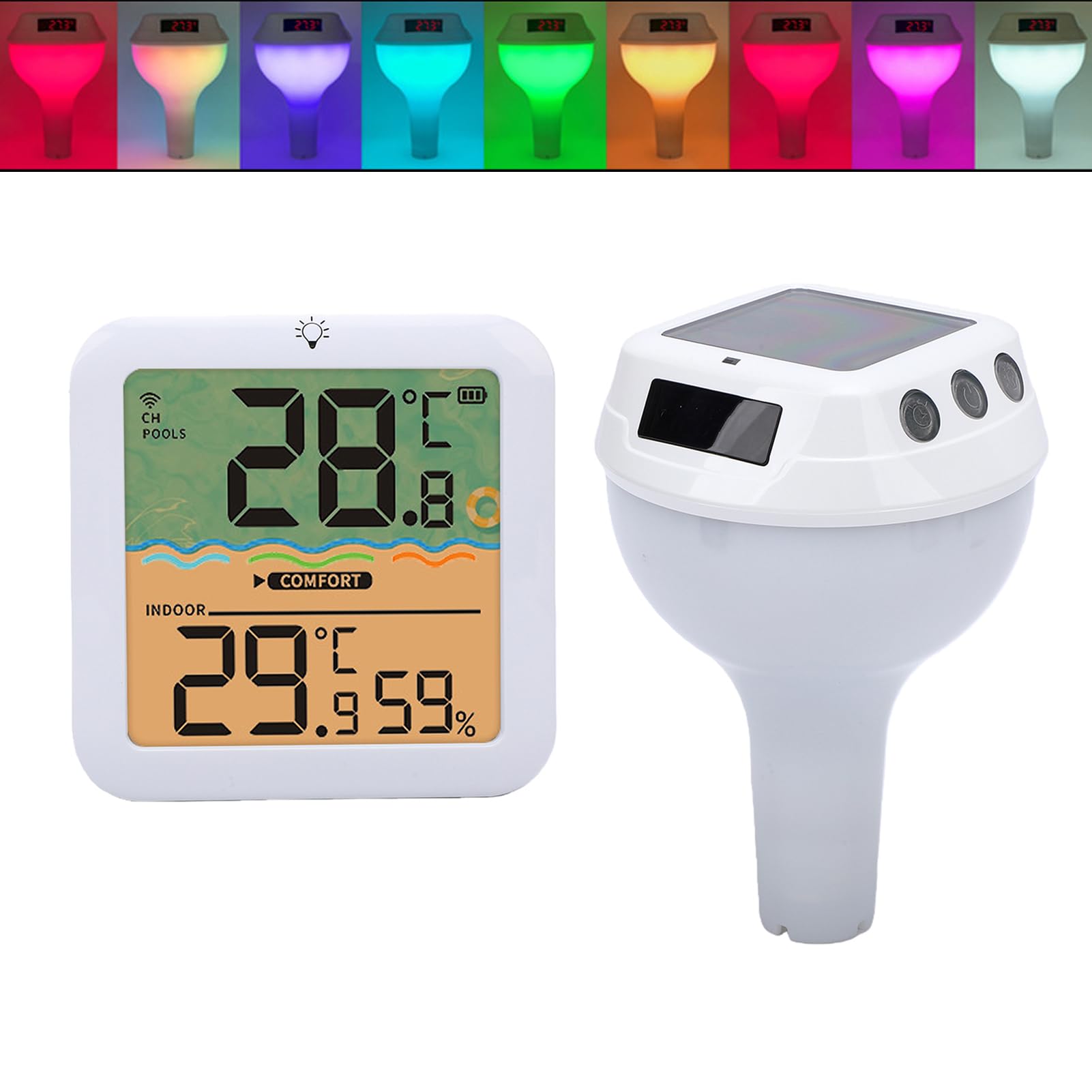 Tangxi Termómetro Solar Digital para Piscina Termómetro Flotante para Piscina con Luces RGB Alimentadas por Energía Solar Pantalla Digital Temperatura Interior Exterior Humedad para (WHITE)