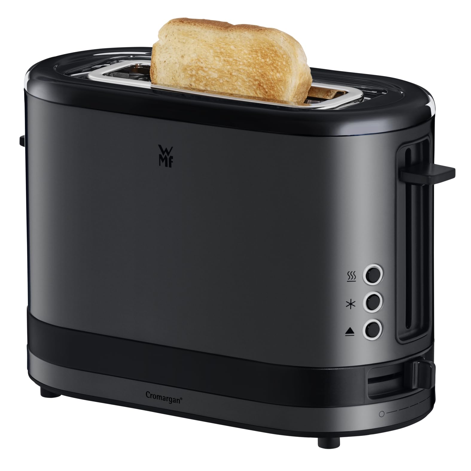 WMF Küchenminis toster 1 kromkowy z nasadką do bułek, na 1 szybę XXL, funkcja rozmrażania, toster z długim szczeliną z 7 poziomami opiekania, 600 W, stal nierdzewna, czarny matowy