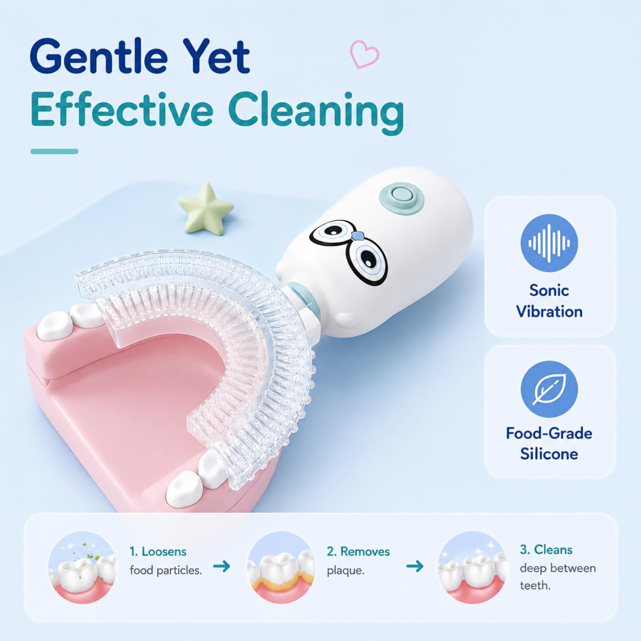 Cepillo de dientes eléctrico para niños, cepillo de dientes en forma de U con 3 cabezales, diseño de limpieza de boca completa de dibujos animados de búho, IPX7 impermeable, relleno de
