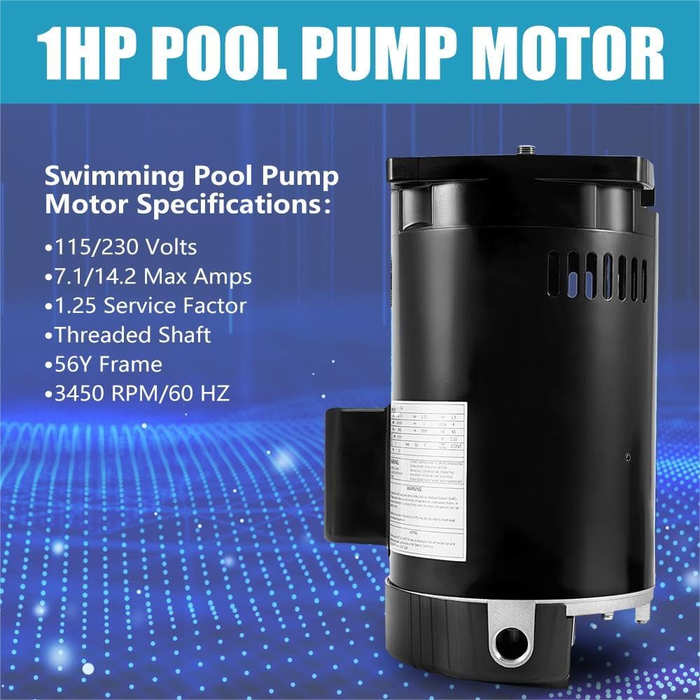 B2853 Pool Pump Motor 1 HP Up-Rated, Square Flange 56Y Frame, FIT Hayward Super Pump MaxFlo, 3450 RPM 115V/230V Dual Voltage, 303 Stainless Steel Threaded Shaft, Replaces STS1102RV1