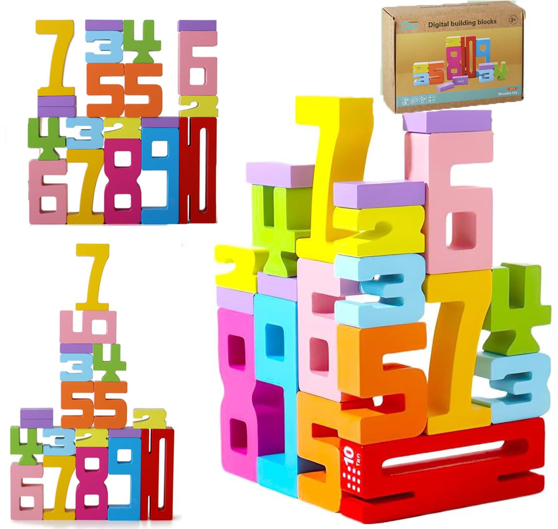SUYUKU Wooden Number Blocks Toys for Kids Educational Early Math&Number Recognition Toys for 3+Year Olds 20 PCS Stacking Toy Number Puzzle Blocks for Boys & Girls