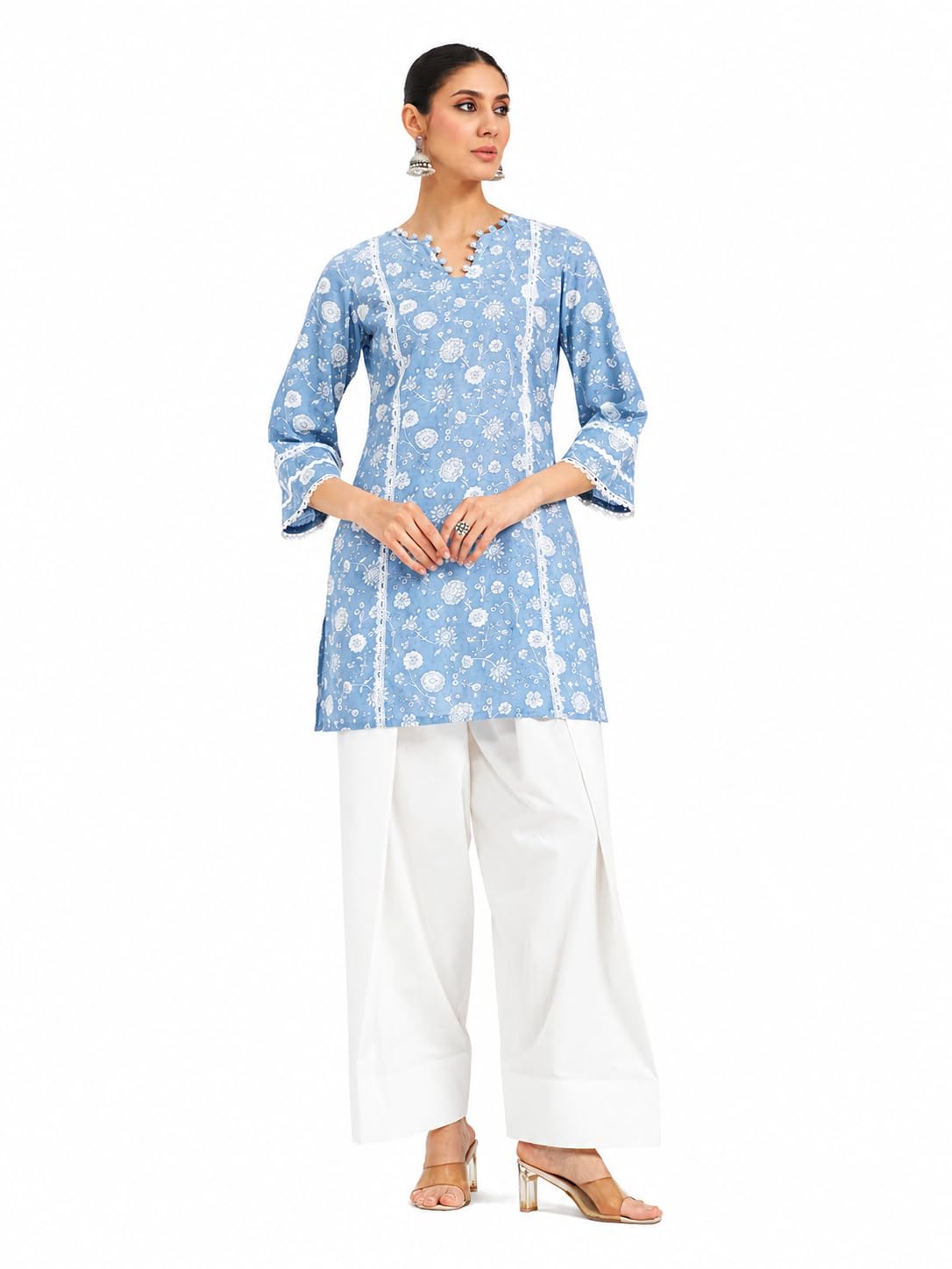 FIORRA Women Sky Blue Floral Printed Lace Work Pure Cotton Straight Kurta with Farshi Salwar