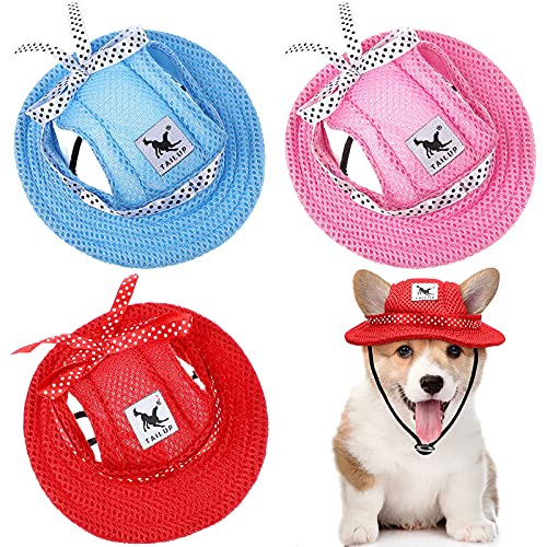 3 Pieces Pet Round Brim Princess Cap Outdoor Mesh Sunbonnet Cap Pet Dog Mesh Porous Cap with Ear Holes and Adjustable…