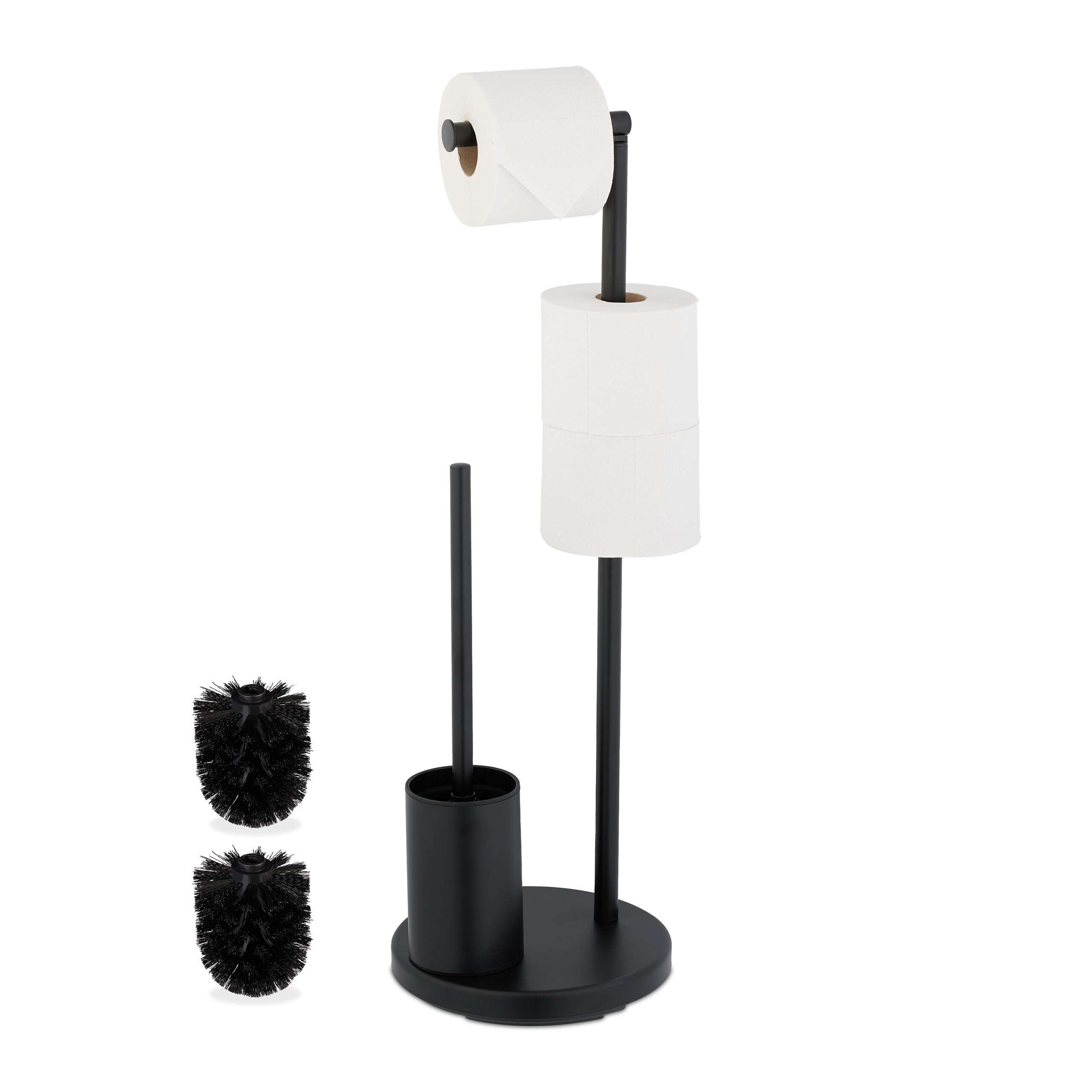 Relaxdays Toilet Roll Holder and Brush Set, Stainless Steel, HxD 68 x 22 cm, Freestanding Bathroom Paper Stand, Black, Iron, Foam