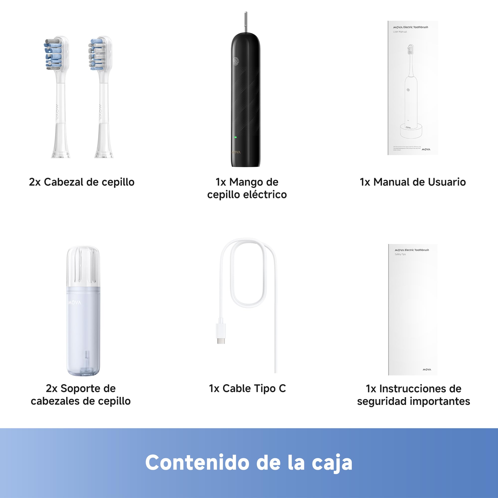 Mova Fresh SweepDrive Cepillo de Dientes Eléctrico, Cepillo Eléctrico Recargable Para Adultos, Carga Tipo C, Cabezal de Cepillado 3-en-1 con Soporte, 30 Días de Duración de La Batería, Negro