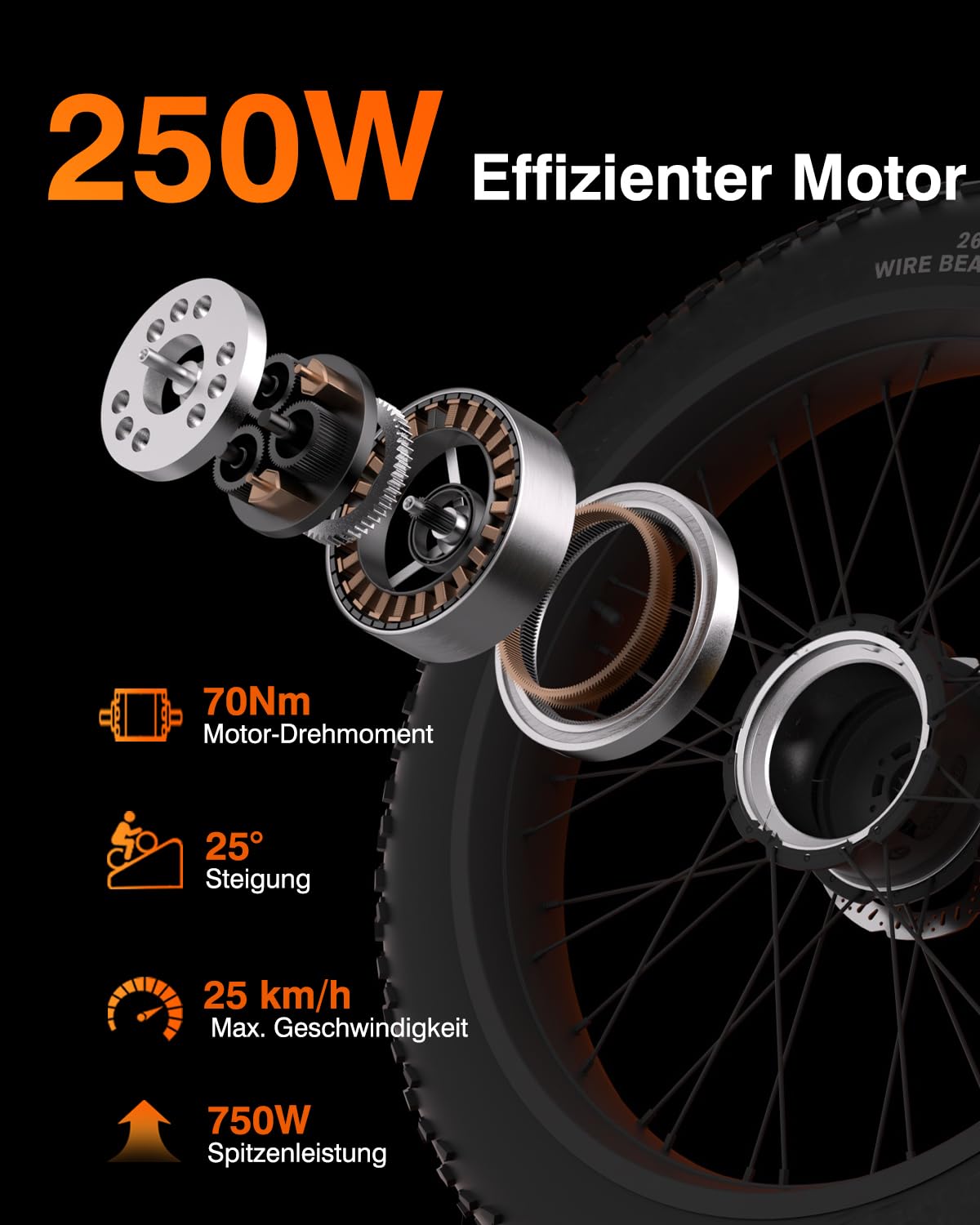 Bodywel E Fatbike Herren Damen, 26x4.0 All Terrain E Bike Mountainbike, 48V 15Ah Akuu, 250W Heckmotor, 7-Gang-Getriebe, Federgabel Verstellbar, Hydr. Scheibenbremsen, Legierungsrahmen