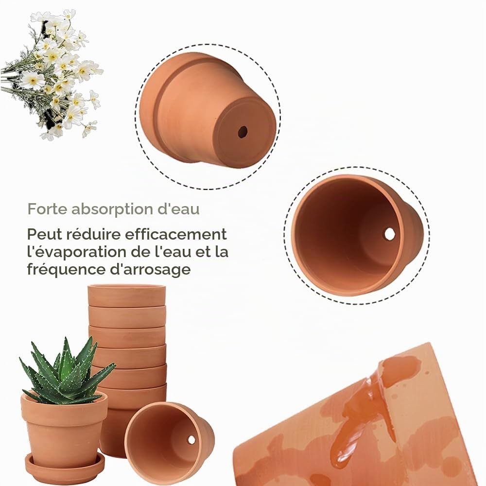 Lot de 10 Pots en Terre Cuite de 10 x 8 cm, Petits Pots en Argile, Mini Pots en Terre Cuite avec Trou de Drainage, Pot en Argile Réutilisable pour Plantes pour la Maison et Le Bureau
