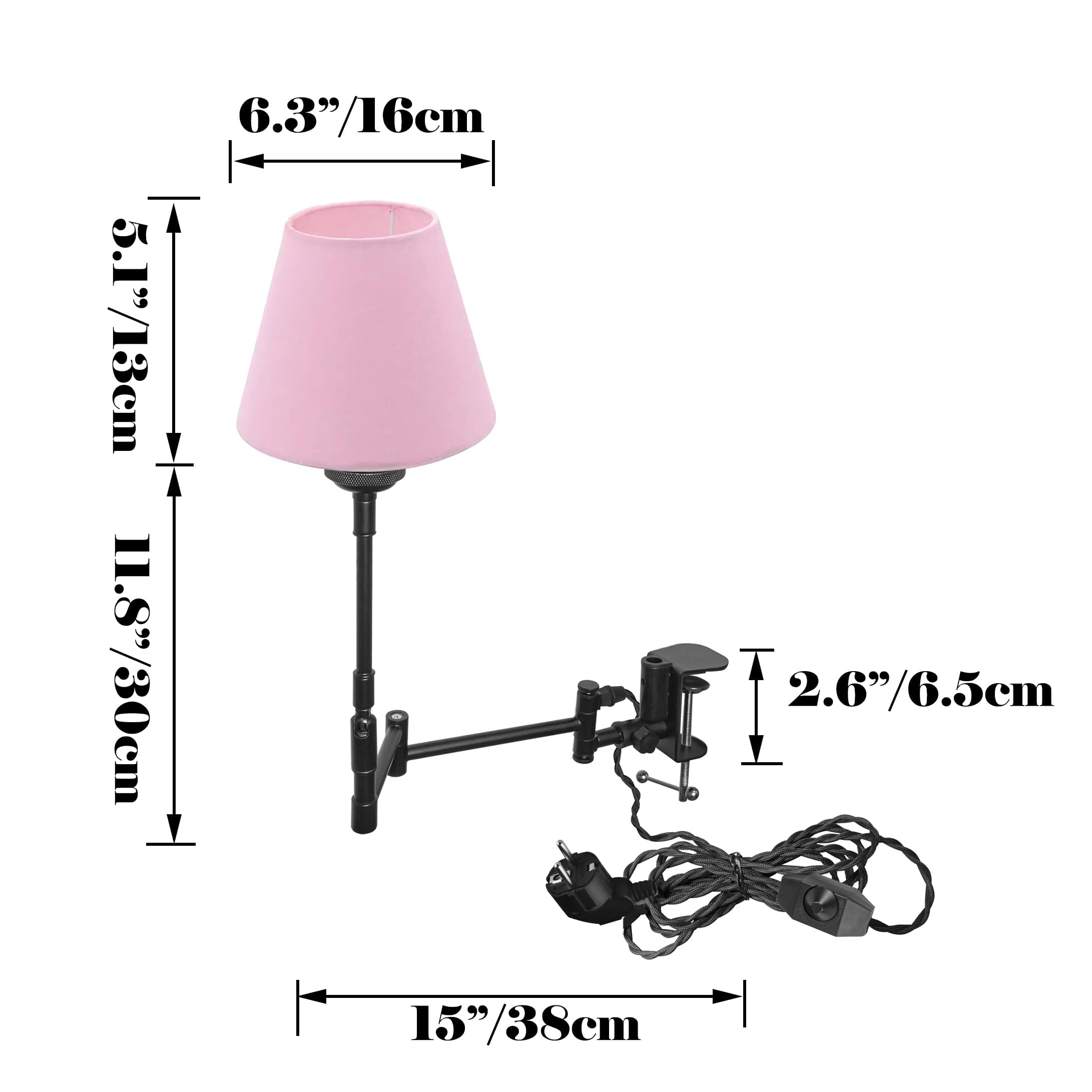 Lampada a morsetto industriale con 2,5 cavi interruttori, clip regolabile su lampada da lettura, lampada da comodino dimmerabile con braccio flessibile per scrivania, comodino, scaffale rosa