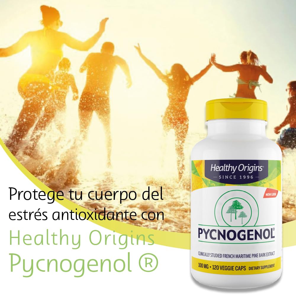 Healthy Origins, Pycnogenol, 100mg, Extracto de Corteza de Pino con Procianidinas, 120 Cápsulas veganas, Testado en Laboratorio, Sin Soja, Sin Gluten, Vegetariano, No GMO