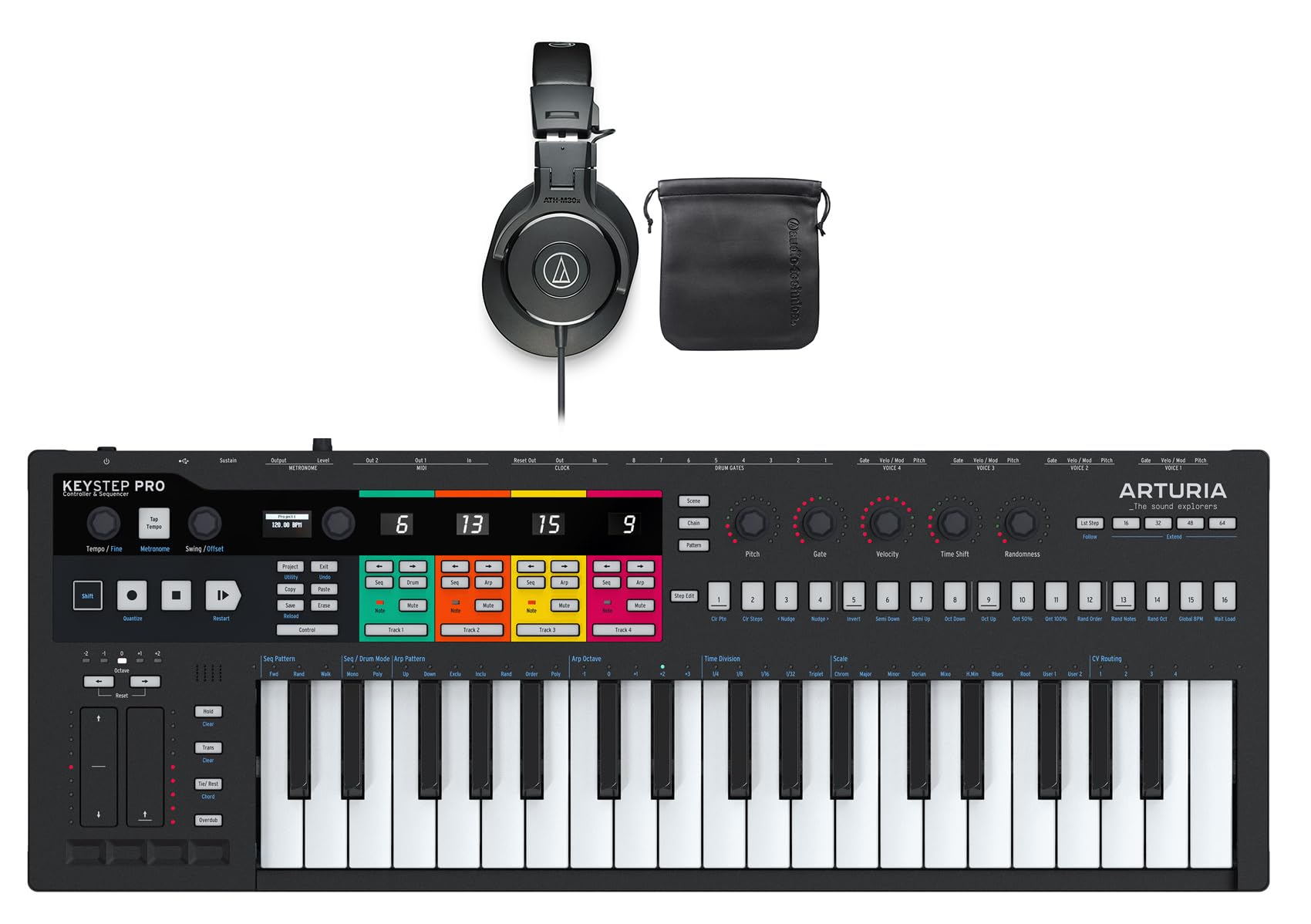 Arturia KeyStep Pro Black Bundle: Polyphonic Sequencing MIDI USB Keyboard Controller, ATH-M30X Professional Studio Monitor Headphones, 2-items
