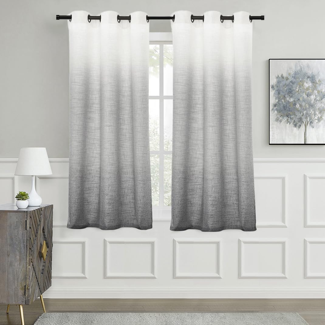Central Park Ombre Window Curtain Panel Linen Gradient Print on Rayon Blend Fabric Drapery Treatments for Living Room/Bedroom, Cream White to Gray, 40" x 63", Set of 2