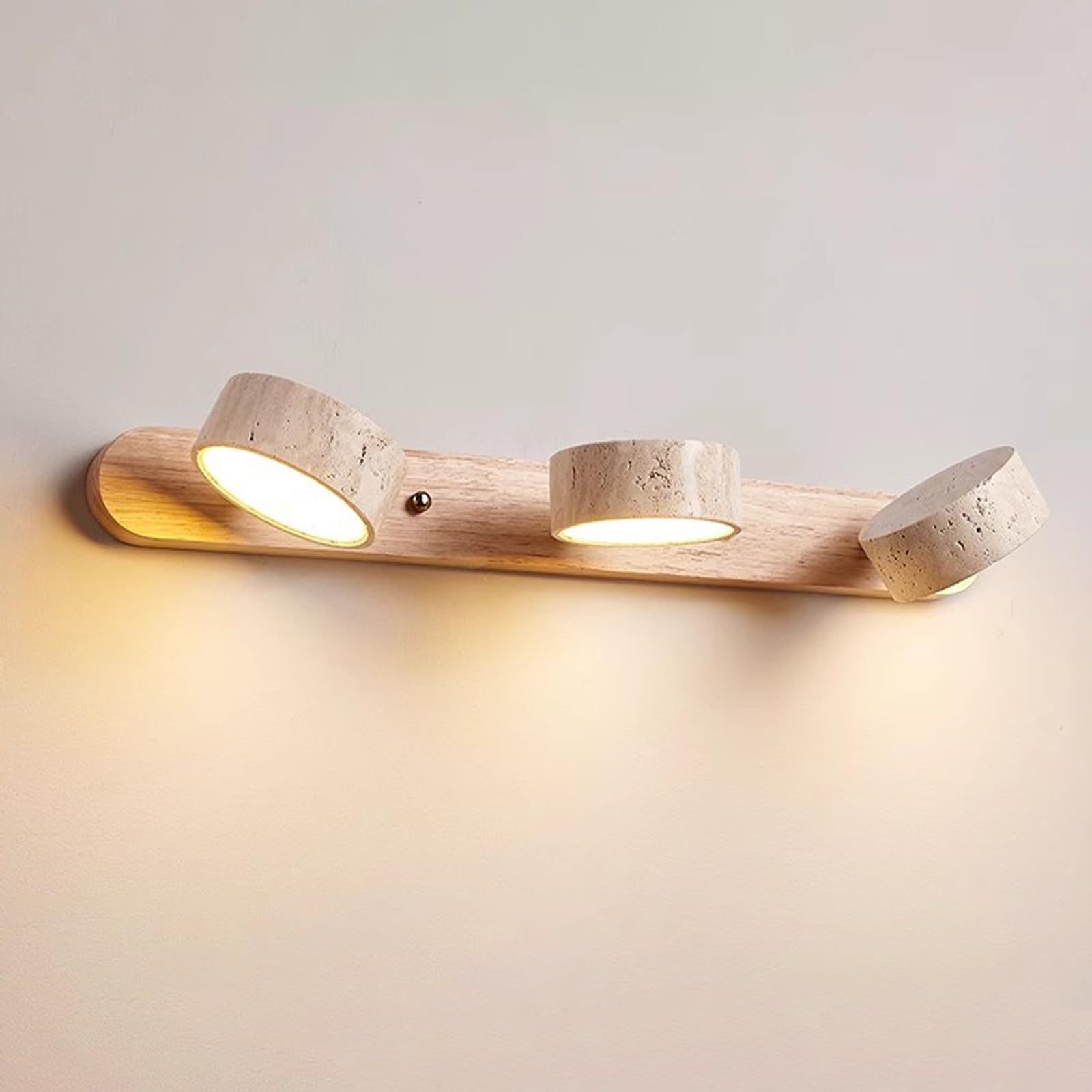 RXPVUXE Natural Travertine Stone LED Vanity Light, 2/3/4-Lights Bathroom Light Fixtures for Over Mirror, Farmhouse Wood Linear Wall Sconce, 180° Rotatable Marble Wall Lamp(Wood,3-Lights)