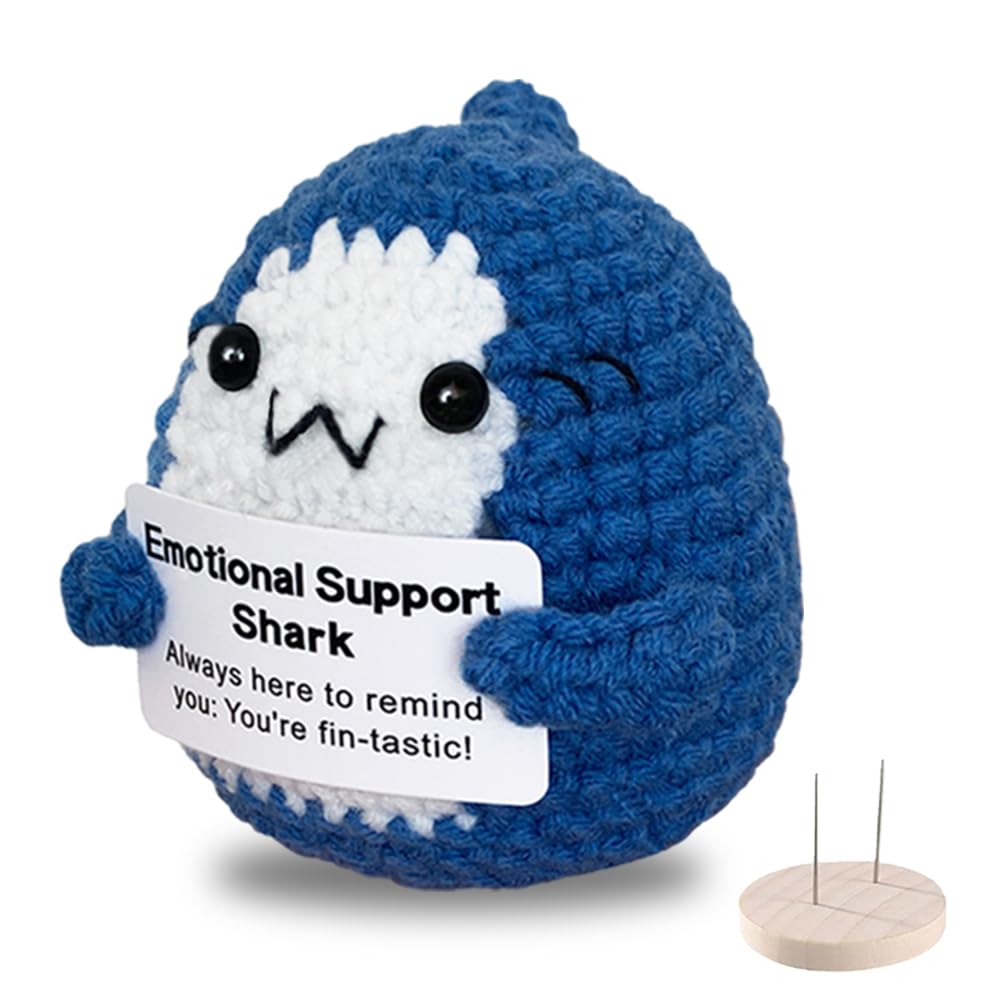 AicooFest Emotional Support Shark Gifts for Women Men Positive Crochet Animals Shark Decor Stuff, Cute Mini Crochet Animals with Messages,