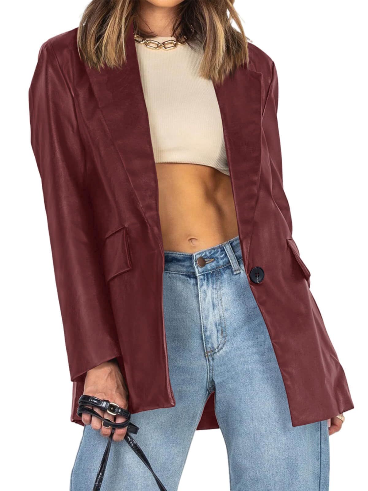 Pepochic Womens Oversized Leather Jacket Long Sleeve Faux Leather