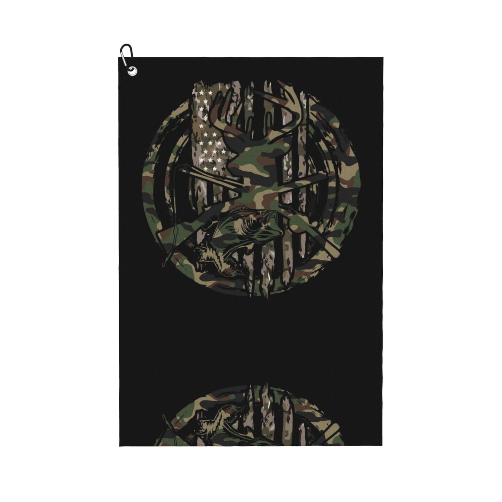 peiyeety Hunting Bass Fishing Lure Camo Camouflage American Flag Black Microfiber Golf Towel with Carabiner Clip, 16x24 Inch Absorbent Waffle Weave Towel for Golf Bags