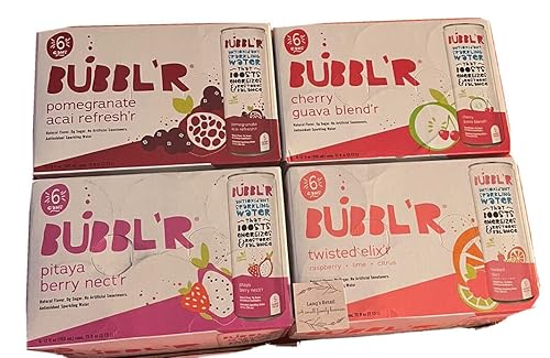 Miniatura 1 de BUBBLR - Paquete de 24 unidades, agua con gas antioxidante Bubbl'r, paquete variado, incluido con tarjeta de recetas de Lang's, refresco de granada