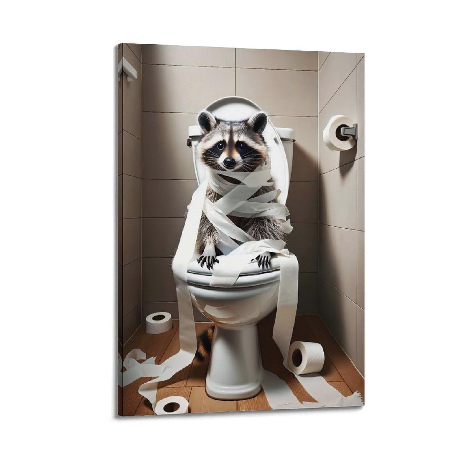 ESTE Funny Bathroom Raccoon Poster Toilet Paper Artwork Decorative Painting Canvas Modern Art Picture 24x36inch(60x90cm)