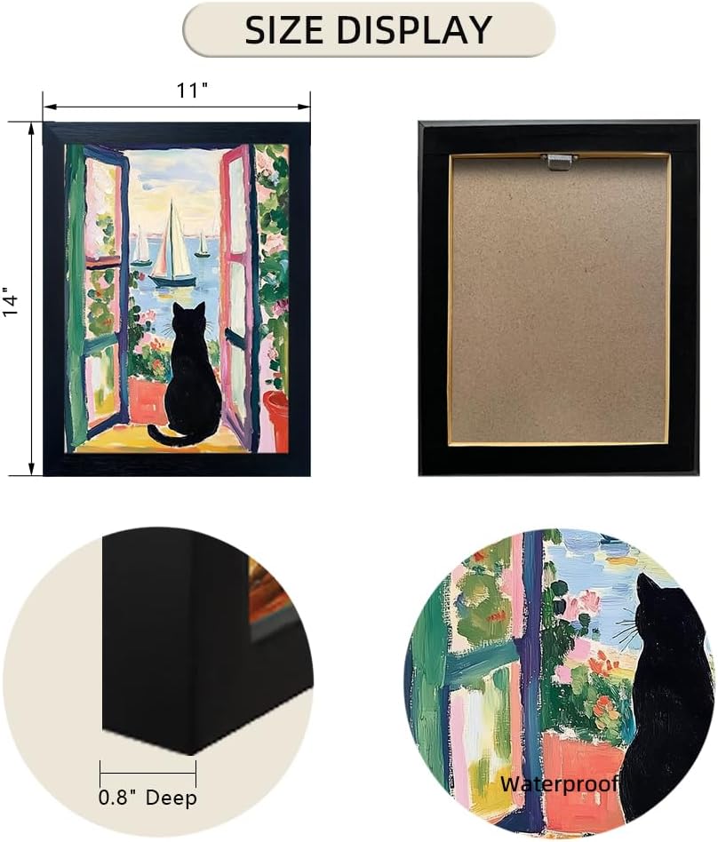 Framed Black Cat By the Sea Canvas Print Poster Henri Matisse Wall Art Funny Whimsical Cat Artwork Sailboats Paintings for Living Room Bedroom Bathroom Decor Aesthetic