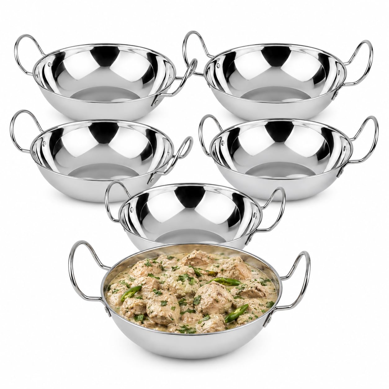 15cm Set Of 6 Stainless Steel Balti Dishes , Curry Karahi Serving Bowls with Handles, Deep Round Indian Curry Serving Dishes, Balti Bowls for Home Kitchen, Restaurant, Catering & Table Serving (6)