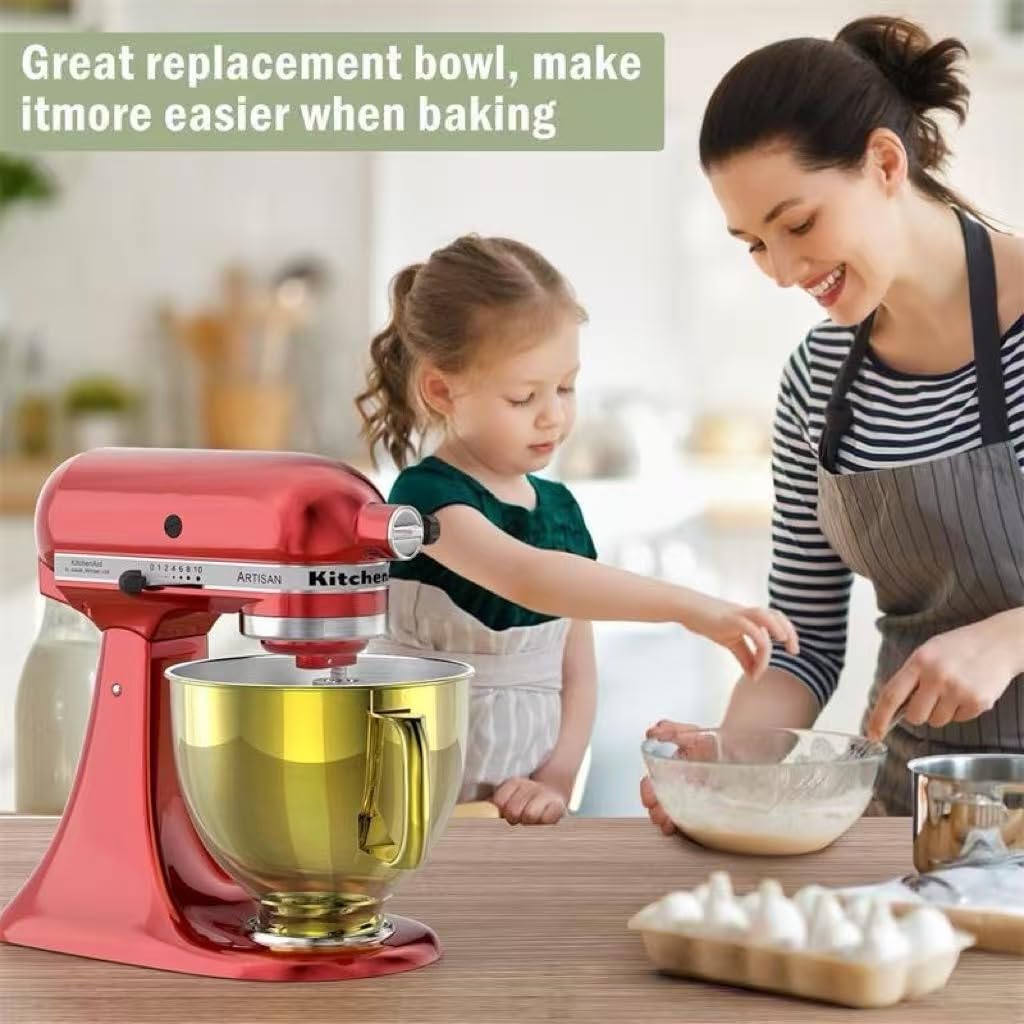 Stainless Steel Mixing Bowl for KitchenAid Tilt-Head Mixer, Polished Finish with Handle, 304 Food-Grade Material (Golden)