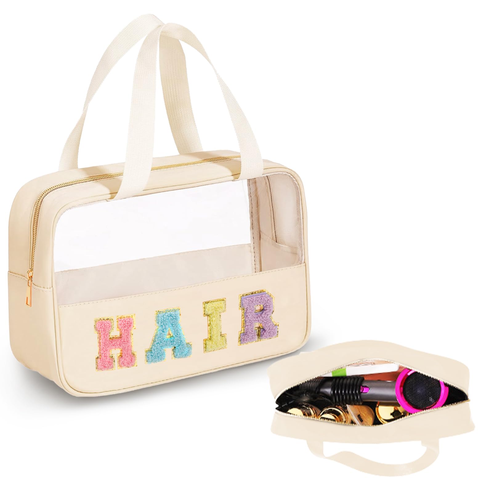 Chenille Letter Clear Zipper Flat Pouch, Transparent Waterproof Stuff Cosmetic Bags,Cosmetic Toiletry Storage Bag with Zipper Toiletry Bag with Preppy Patch for Women,Travel,Gym,Beach (Beige)