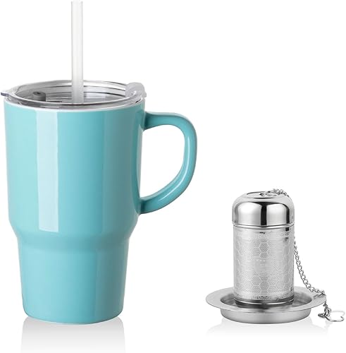 Miniatura 29 de Sweejar Taza infusora de té de porcelana con tapa, taza de té de 16 onzas con coladores para té de hojas sueltas, taza de café apta para microondas