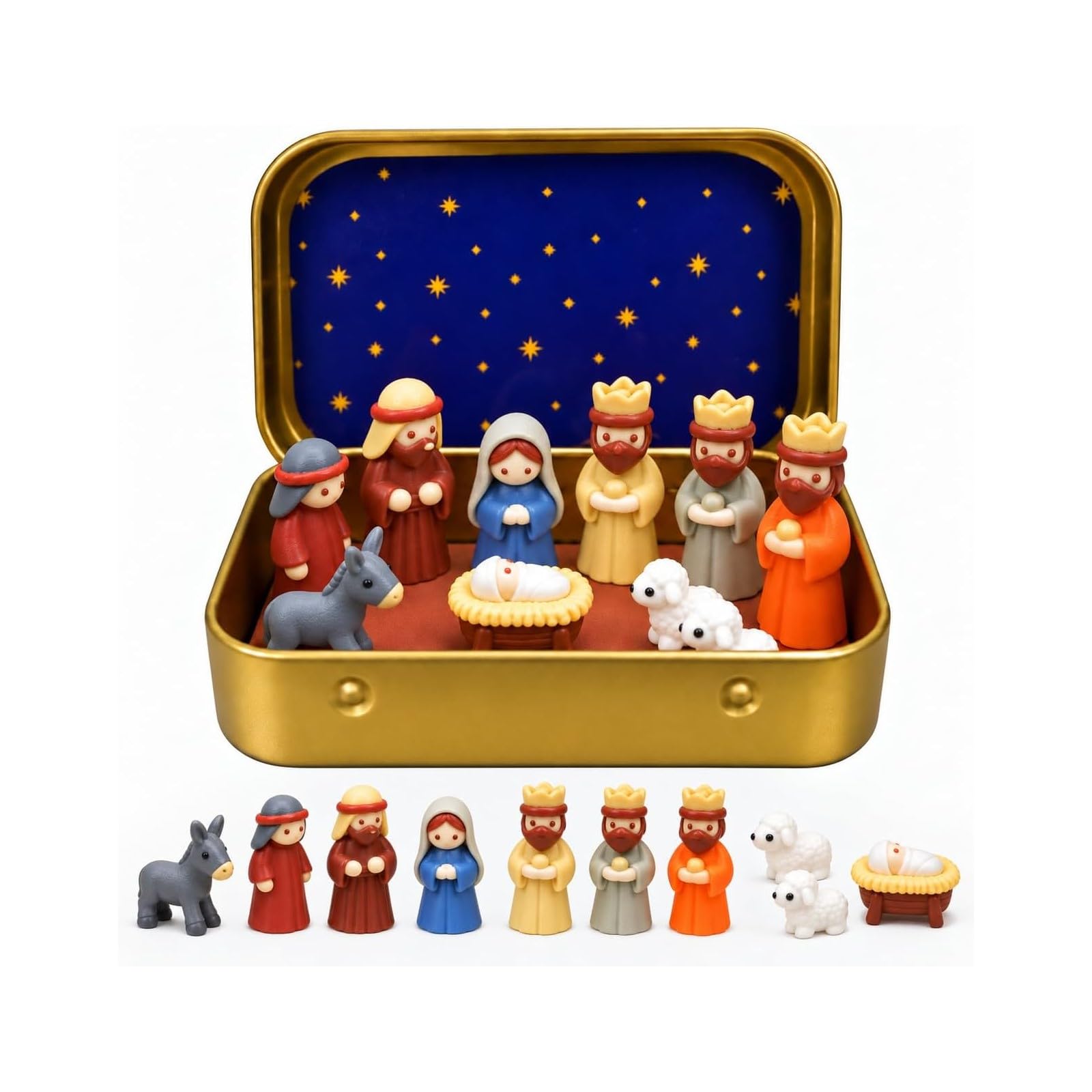 Mini Nativity Scene Set in a Tin Box, Christmas Small Gift Box Figures Set, 3D Printed Pocket Size Jesus Christian Decor, Miniature Holy Family Religious Keepsake, Christmas Stocking Filler，#A